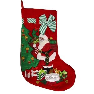Santa Claus Cat Christmas Tree Stocking Embroidered Red Bow Bells